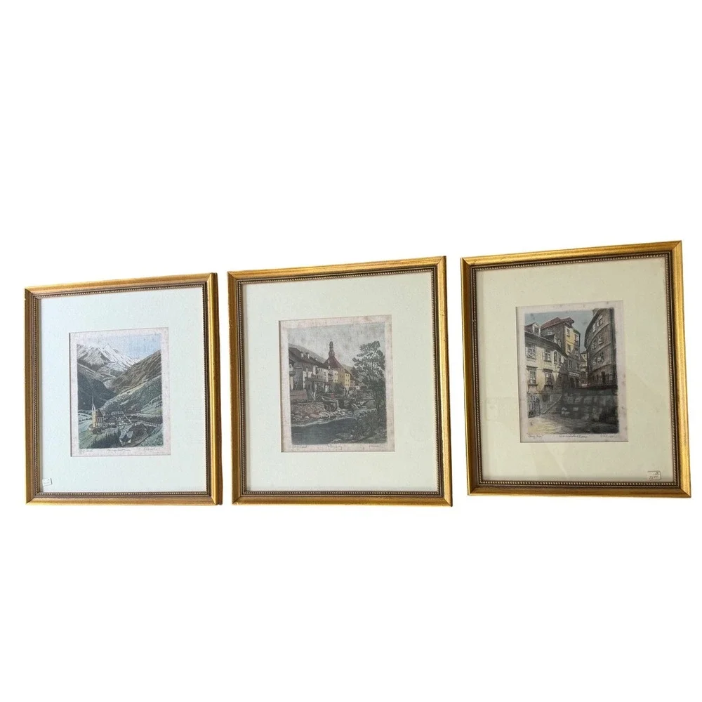 Vintage Signed European Etching Framed Wall Art Set of 3 Gold Frames Estate Find
